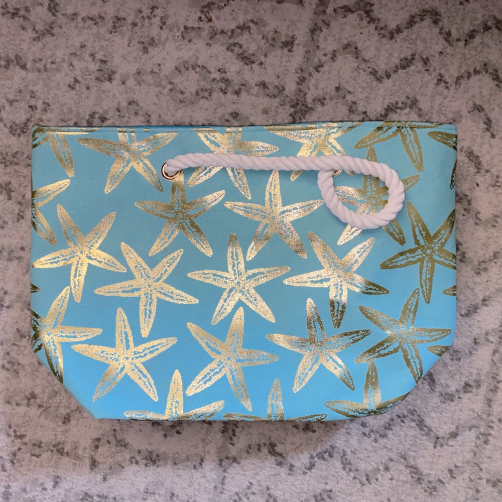 Metallic Starfish Beach Rope Tote Bag ( Blue & Gold )